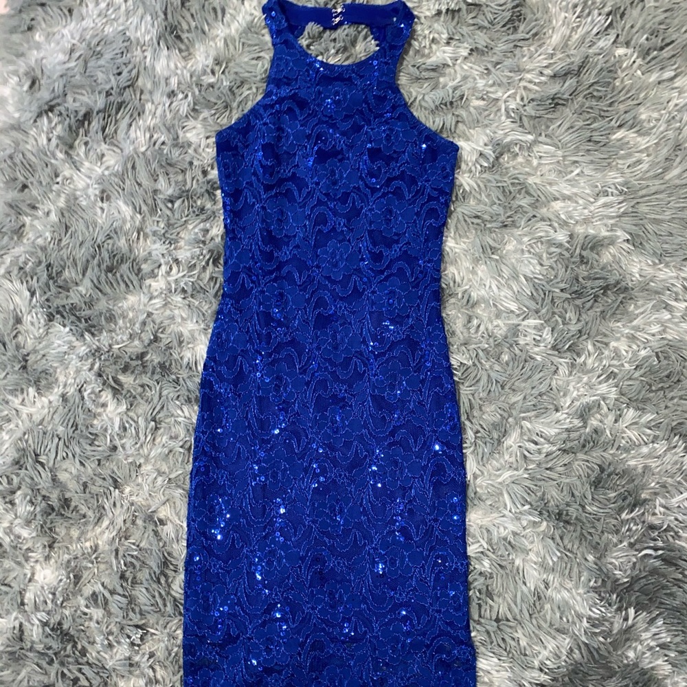Backless Blue Sequin & Lace Dress